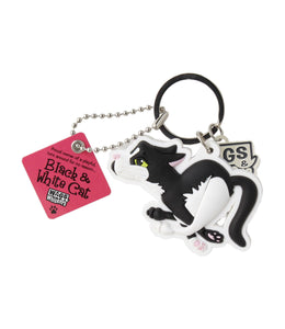 History & Heraldry - WagsWhiskers Keyring - Black/White Cat Playful and Running