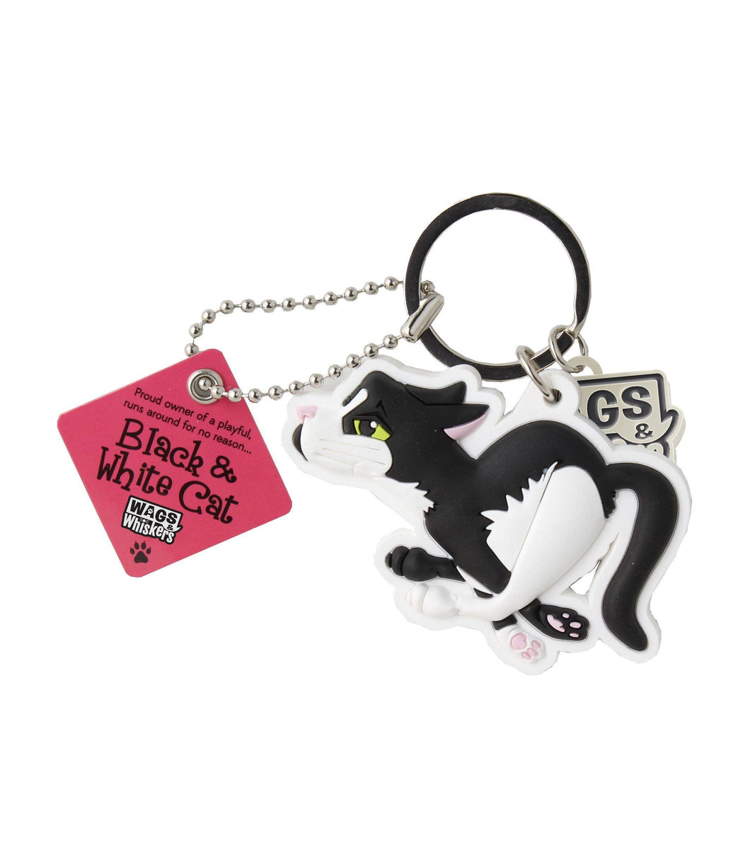 History & Heraldry - WagsWhiskers Keyring - Black/White Cat Playful and Running