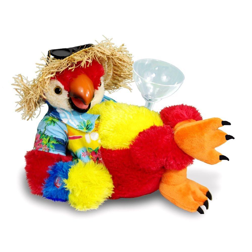 Laid Back Louie Vacation Animated Plush Colorful Parrot Taps His Foot While Holding Drink & SingingDon't Worry Be Happy