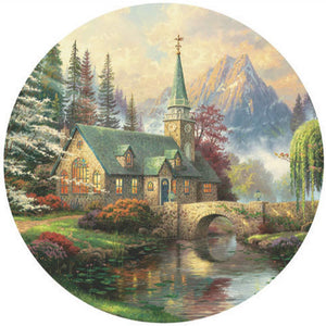 500 Piece Round Thomas Kinkade Puzzle- Dogwood Chapel