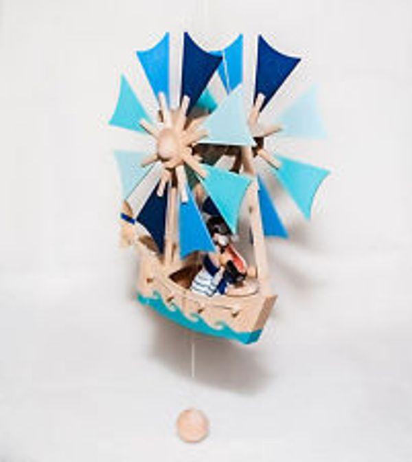 Wupper Airlines Large Blue Wooden Windwheel Man in Boat
